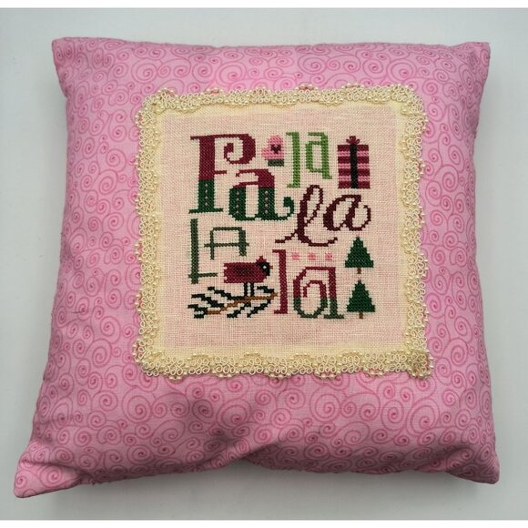 Fa La La Handmade Pink Pillow W/ Cross Stitch Holiday Design Swirl Pattern Back - Picture 2 of 6